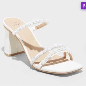 A New Day Pearl Stacy Sandals with Pearl Accent Open Square Toe Strap Block Heel
